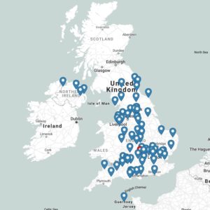 a map of the UK showing the location of Contour Wedding Rings resellers